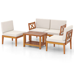 5 Piece Acacia Wood Patio Sectional Conversation Set with 2 Tier Coffee Table, Off White