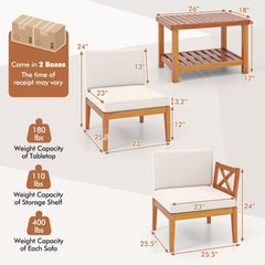 5 Piece Acacia Wood Patio Sectional Conversation Set with 2 Tier Coffee Table, Off White