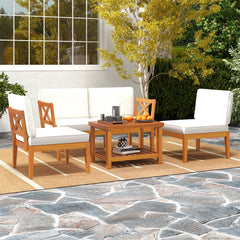 5 Piece Acacia Wood Patio Sectional Conversation Set with 2 Tier Coffee Table, Off White