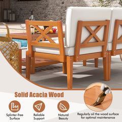 5 Piece Acacia Wood Patio Sectional Conversation Set with 2 Tier Coffee Table, Off White