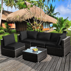 5 Piece Patio Rattan Sectional Set, 2 Corner Sofas, 2 Armless Seats and Glass Coffee Table, Black Cushions