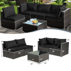 5 Piece Patio Rattan Sectional Set, 2 Corner Sofas, 2 Armless Seats and Glass Coffee Table, Black Cushions