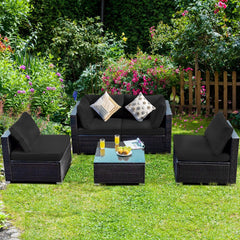 5 Piece Patio Rattan Sectional Set, 2 Corner Sofas, 2 Armless Seats and Glass Coffee Table, Black Cushions