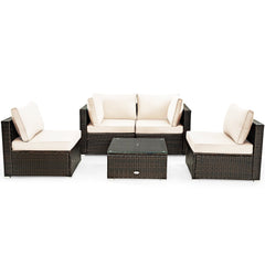 5 Piece Cushioned Rattan Patio Set, 2 Corner Sofas, 2 Armless Seats and Glass Coffee Table, Cream White