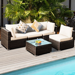 5 Piece Cushioned Rattan Patio Set, 2 Corner Sofas, 2 Armless Seats and Glass Coffee Table, Cream White