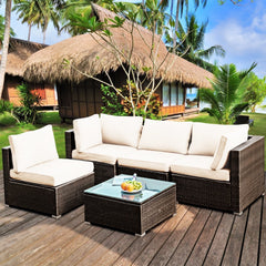 5 Piece Cushioned Rattan Patio Set, 2 Corner Sofas, 2 Armless Seats and Glass Coffee Table, Cream White