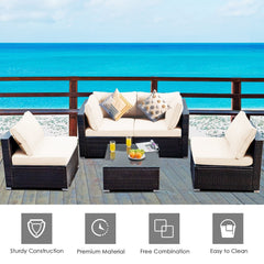 5 Piece Cushioned Rattan Patio Set, 2 Corner Sofas, 2 Armless Seats and Glass Coffee Table, Cream White