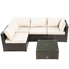 5 Piece Cushioned Rattan Patio Set, 2 Corner Sofas, 2 Armless Seats and Glass Coffee Table, Cream White