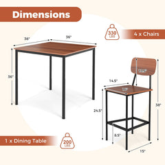 5 Pieces Industrial Dining Table Set with Counter Height Table and 4 Bar Stools-Walnut
