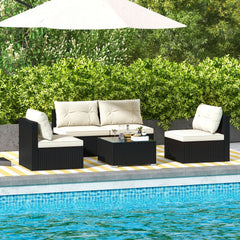 5 Piece Black Wicker Patio Conversation Set with 4 Armless Seats and Glass Top Table, Beige