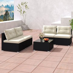 5 Piece Black Wicker Patio Conversation Set with 4 Armless Seats and Glass Top Table, Beige