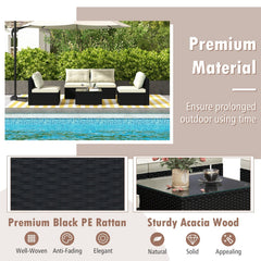 5 Piece Black Wicker Patio Conversation Set with 4 Armless Seats and Glass Top Table, Beige