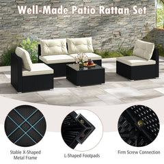 5 Piece Black Wicker Patio Conversation Set with 4 Armless Seats and Glass Top Table, Beige