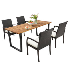 5 Piece Patio Rattan Dining Set, 69 Inch Acacia Topped Table with Lidded 2 Inch Umbrella Hole and 4 Cushioned Armchairs