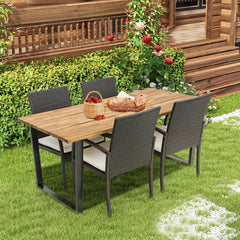 5 Piece Patio Rattan Dining Set, 69 Inch Acacia Topped Table with Lidded 2 Inch Umbrella Hole and 4 Cushioned Armchairs