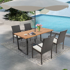 5 Piece Patio Rattan Dining Set, 69 Inch Acacia Topped Table with Lidded 2 Inch Umbrella Hole and 4 Cushioned Armchairs