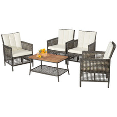 5 Piece Wicker Patio Conversation Set with 4 Armchairs and Acacia Top Table, Off White