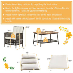 5 Piece Wicker Patio Conversation Set with 4 Armchairs and Acacia Top Table, Off White