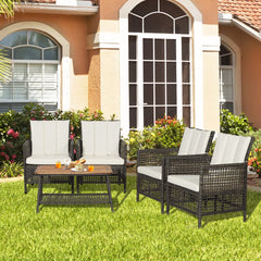 5 Piece Wicker Patio Conversation Set with 4 Armchairs and Acacia Top Table, Off White