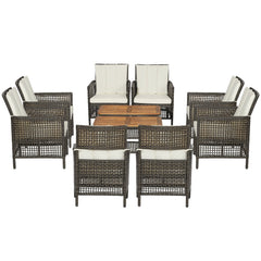 5 Piece Wicker Patio Conversation Set with 4 Armchairs and Acacia Top Table, Off White