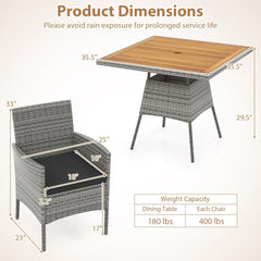 5 Piece Patio Dining Set, 35.5 Inch Square Acacia Topped Table with 1.97 Inch Umbrella Hole and 4 Grey Wicker Armchairs