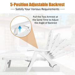 Folding PP Chaise Lounge on Wheels with 5 Position Backrest, White