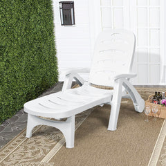 Folding PP Chaise Lounge on Wheels with 5 Position Backrest, White