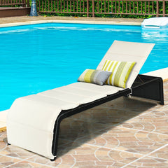Rattan Chaise Recliner with Folding Cushion and Adjustable Back, Off White
