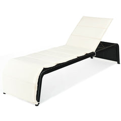 Rattan Chaise Recliner with Folding Cushion and Adjustable Back, Off White