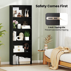 5 Shelf Black Bookcase, Tall Narrow Open Bookshelf for Books and Display