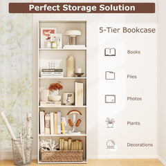 5 Shelf White Bookcase, Tall Open Bookshelf for Books, Files and Display