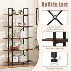 5-Tier 62 Inch Tall Vintage Industrial Bookcase with Open Storage Shelves-Rustic Brown