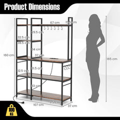 5-Tier Bakers Rack with Power Outlets and 10 S-Shaped Hooks-Rustic Brown