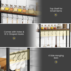 5-Tier Bakers Rack with Power Outlets and 10 S-Shaped Hooks-Rustic Brown