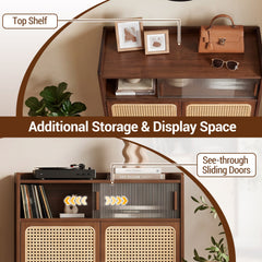 5-Tier Bamboo Shoe Cabinet with Woven Rattan Doors and Sliding Doors for Entryway-Walnut