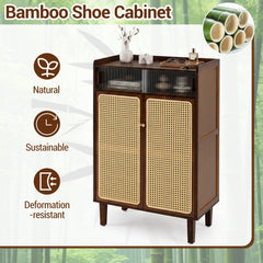 5-Tier Bamboo Shoe Cabinet with Woven Rattan Doors and Sliding Doors for Entryway-Walnut