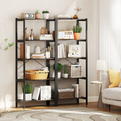 5 Tier Industrial Bookshelf with Black Metal Frame, Display Storage Rack, Grey