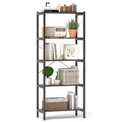 5 Tier Industrial Bookshelf with Black Metal Frame, Display Storage Rack, Grey