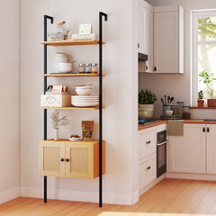 5-Tier Ladder Bookcase with Rattan Cabinet and Metal Frame-Natural
