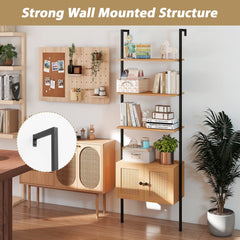 5-Tier Ladder Bookcase with Rattan Cabinet and Metal Frame-Natural