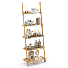 5 Tier Bamboo Ladder Shelf, Wall Leaning Bookshelf and Plant Stand in Natural