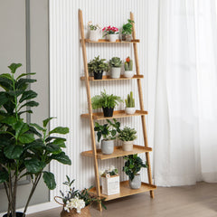 5 Tier Bamboo Ladder Shelf, Wall Leaning Bookshelf and Plant Stand in Natural