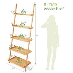 5 Tier Bamboo Ladder Shelf, Wall Leaning Bookshelf and Plant Stand in Natural