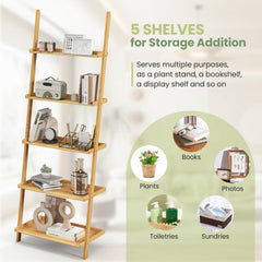 5 Tier Bamboo Ladder Shelf, Wall Leaning Bookshelf and Plant Stand in Natural