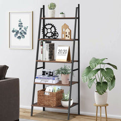 5 Tier Leaning Bookshelf Wood Metal Bookcase