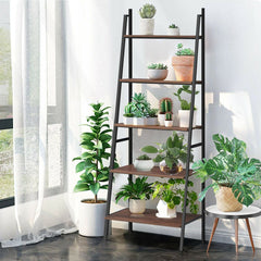 5 Tier Leaning Bookshelf Wood Metal Bookcase