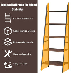5 Tier Leaning Bookshelf Wood Metal Bookcase