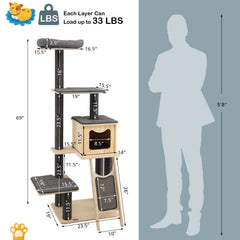 69 Inch Pine and Birch Cat Tower with Large Condo, Sisal Ramp and Washable Mats, Gray