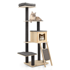 69 Inch Pine and Birch Cat Tower with Large Condo, Sisal Ramp and Washable Mats, Gray