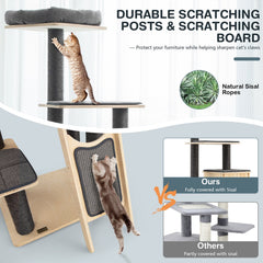 69 Inch Pine and Birch Cat Tower with Large Condo, Sisal Ramp and Washable Mats, Gray